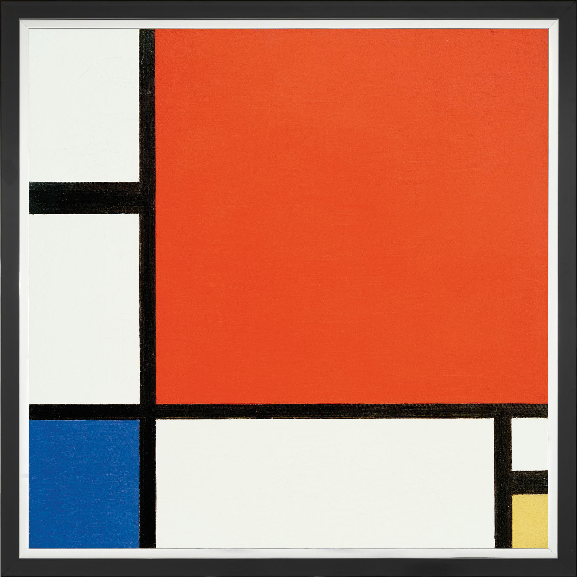 Bild "Komposition in Rot, Blau und Gelb" (1930), gerahmt von Piet Mondrian